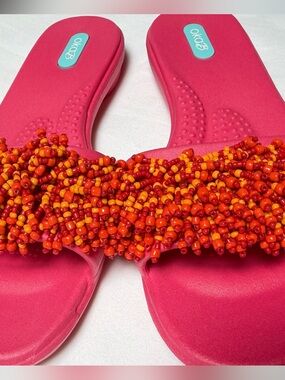 Oka-B Pink Beaded Slide Sandals Women Size M Colorful Resort Shoes
